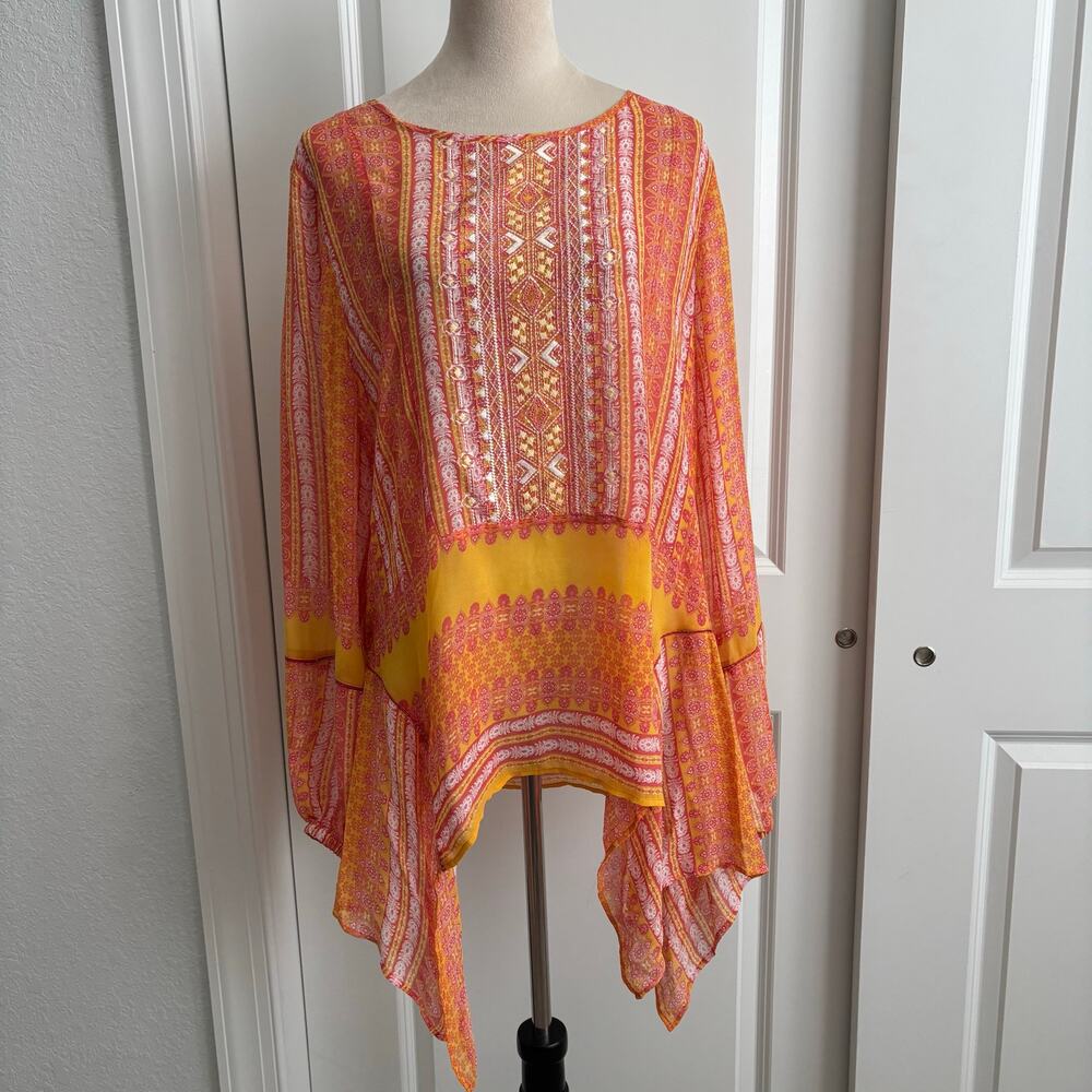 Sundance Go‎ Beyond Embriodered Shark Bite Hem Asymmetric Tunic Blouse Top Sz L